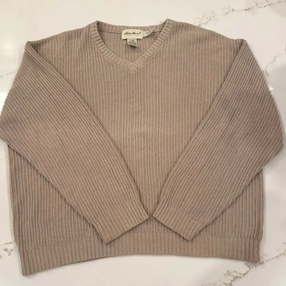 Eddie Bauer Men’s Tan Ribbed V-Neck Sweater Linen Cotton Blend Size L Vintage